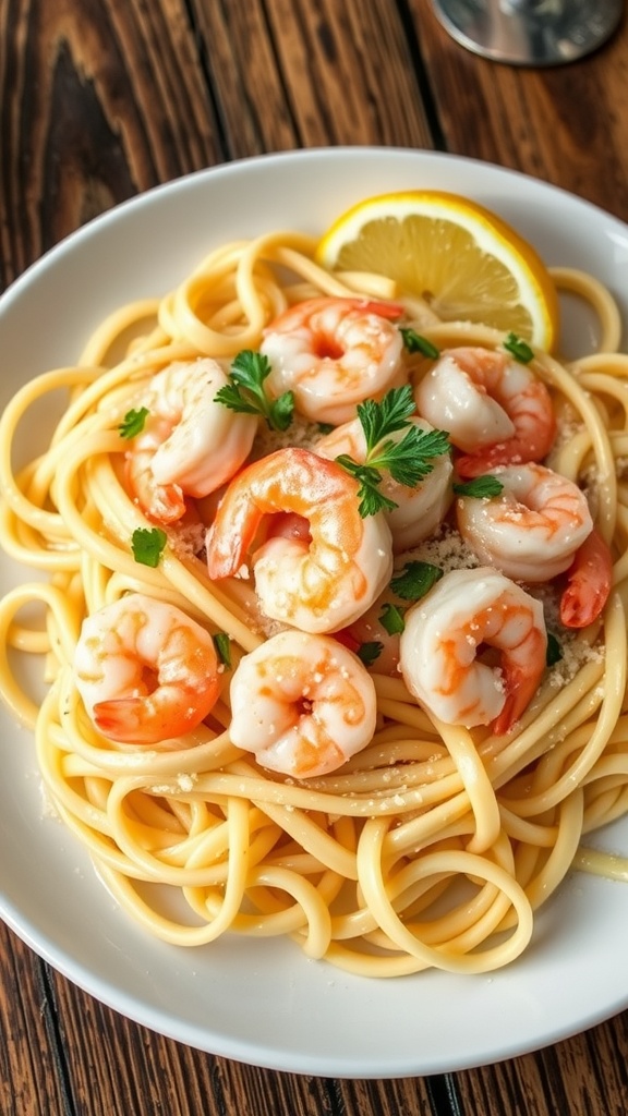 A plate of creamy shrimp alfredo pasta with shrimp, parsley, and lemon on a wooden table.